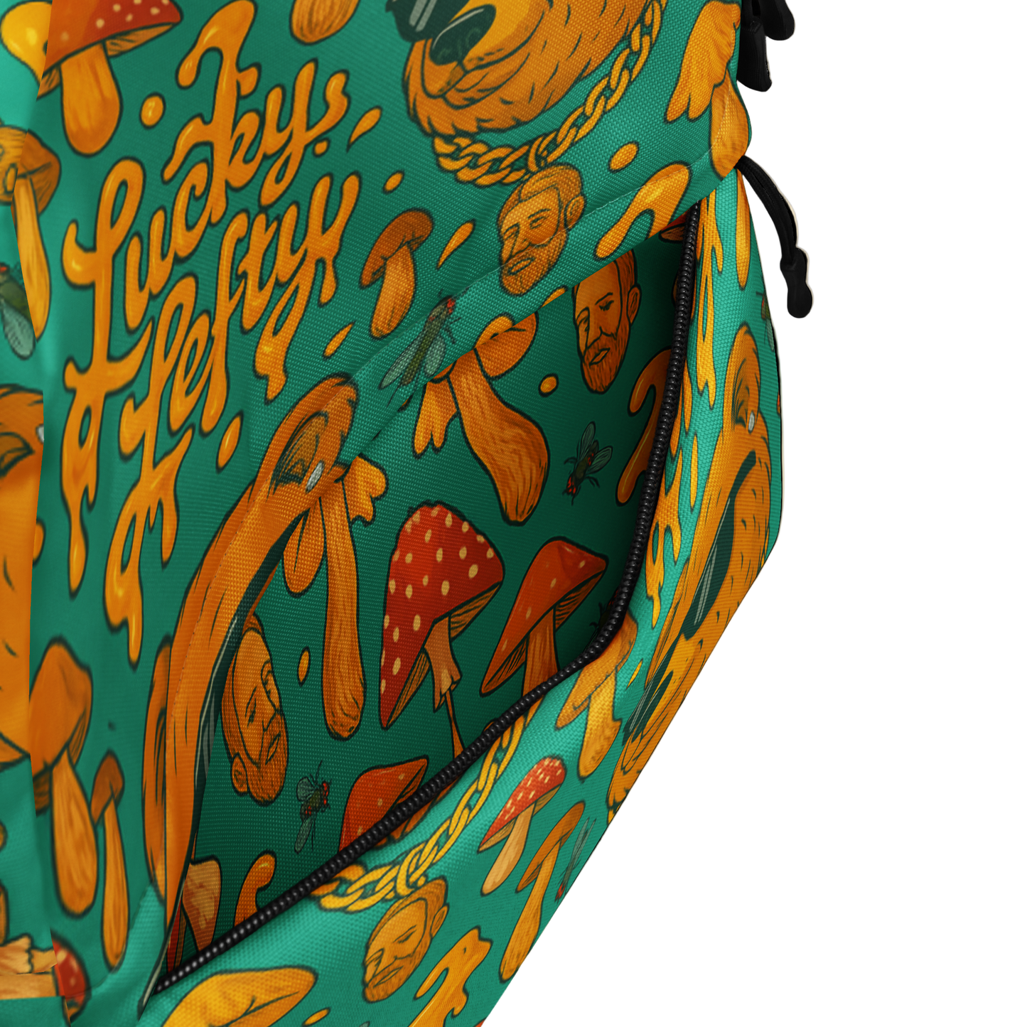 Patterned bag with mushrooms and text on a teal background