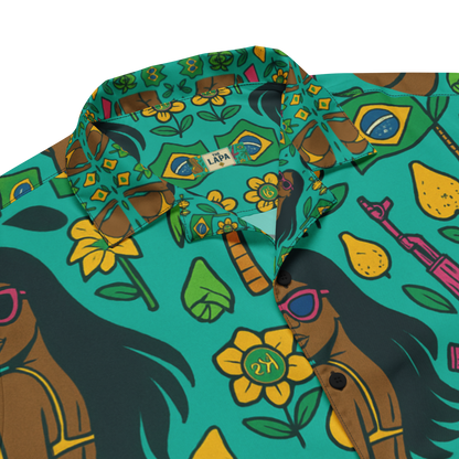 Teal Brazilian Floral Button Down Shirt