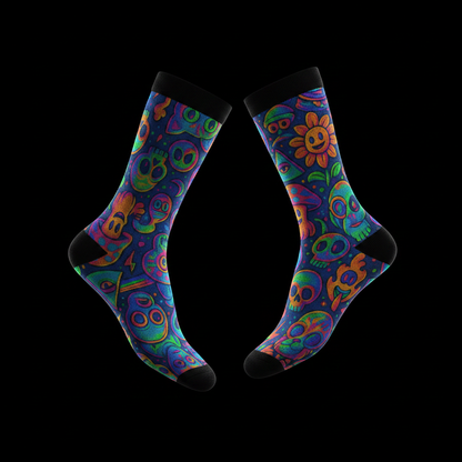 Neon Skulls and Characters Crew Socks