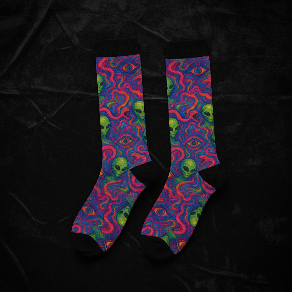 Pink and Purple Alien Eye Crew Socks — Dark Editorial